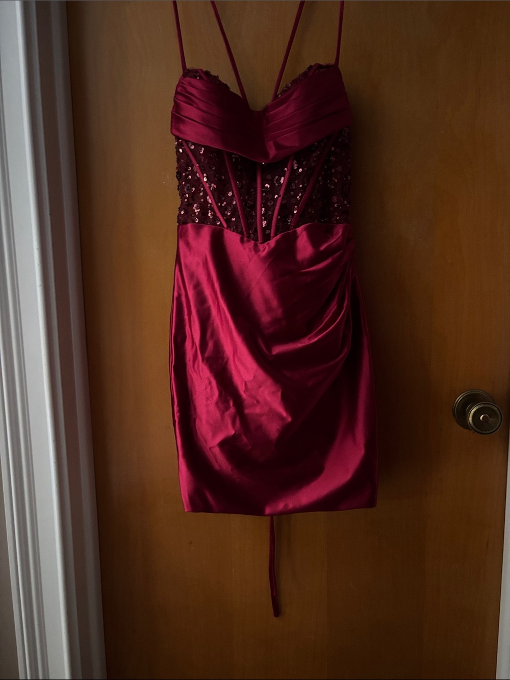 Sequin-Embellished Wine Red Satin Mini Dress